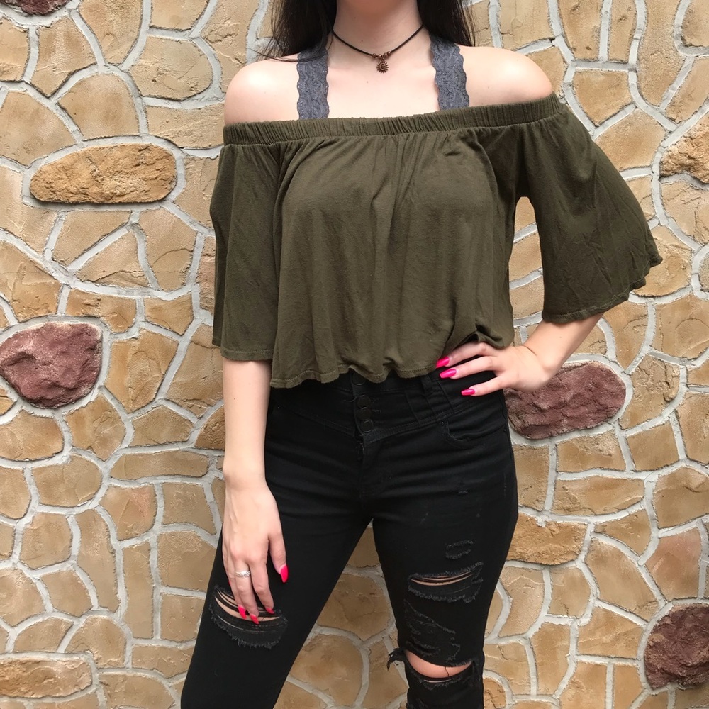 Off the Shoulder Army Green Tee